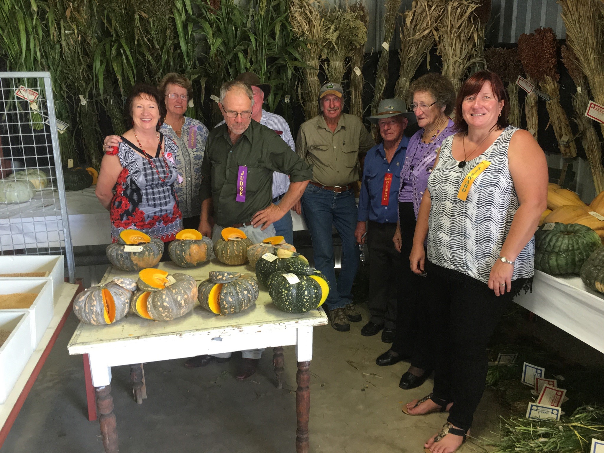 David Lange judging the cut pumpkin section while being watched by the stewards. David Lange judging the cut pumpkin section while being watched by the stewards.